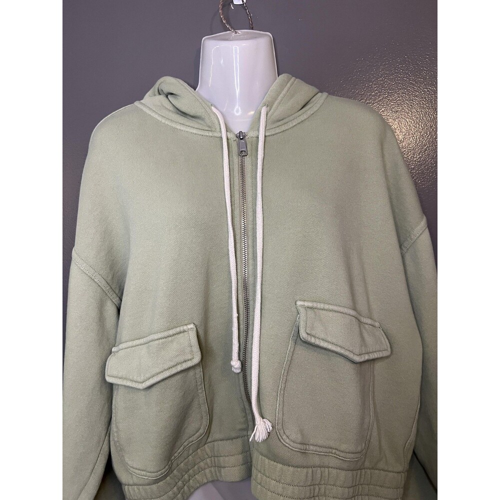 Aerie Hoodie Womens Large Green Full Zip Cropped Terry Cargo Pockets Sweatshirt